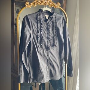 J Crew Dark Grey Long Sleeved Ruffle 100% Cotton Tuxedo Blouse
